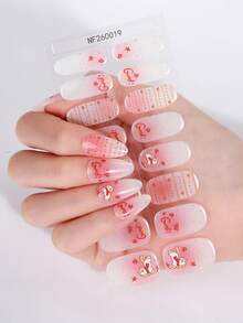 16Pcs Pink White Gradient Semi-Cured Gel Nail Strip,Striped Pony Playful Cute Style Spring/Summer Nail Stickers, Self-Adhesive Easy To Apply,Suitable For Women And Girls Home DIY Manicure - Pink - View 3