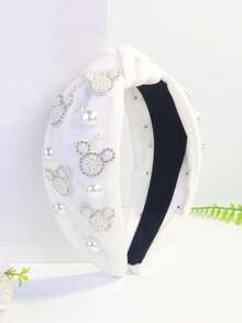 1pc Women's Pearl & Rhinestone Embellished Cute Cat Design Elegant Polyester Knotted Headband, Suitable For Summer - Multicolor - View 5