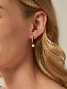 1 Pair Luxury Elegant Cubic Zirconia & Pearl Drop Earrings, Fashionable Jewelry Gift For Friends - Gold - View 1