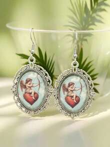 Cupid Angel Heart Shaped Earrings, Vintage Cute Oval Earrings - Silver - View 1