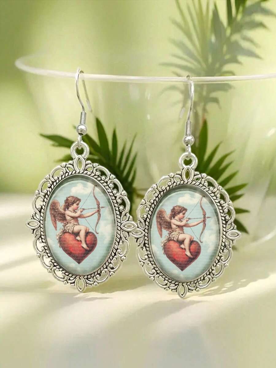 Cupid Angel Heart Shaped Earrings, Vintage Cute Oval Earrings - Silver - View 1