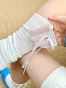 1/2 双春夏新款极简芭蕾舞风格蝴蝶结缎带过膝袜 - 彩色 - 查看 4