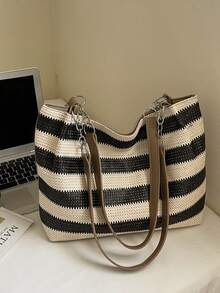 夏季新款波西米亚风条纹编织手提包 女士大容量通勤单肩包 草编材质 海边度假沙滩包 时尚百搭ins风超火大容量包 - 黑色 - 查看 5