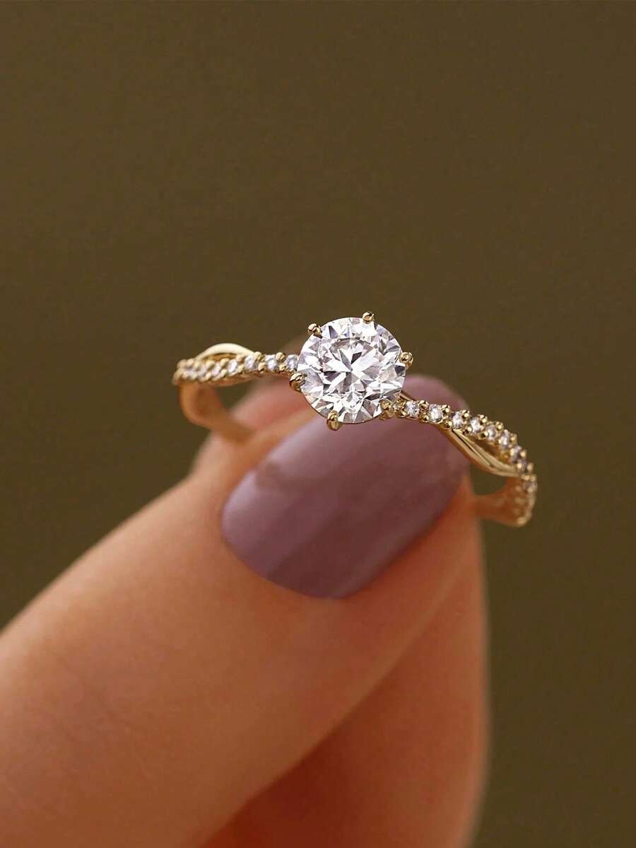 BALMORA 1pc Sterling 925 Silver Exquisite Elegant Fashionable Shining Double Layers Round Cubic Zirconia Finger Ring For Women Engagement & Wedding Jewelry Party Gift - Gold - View 1