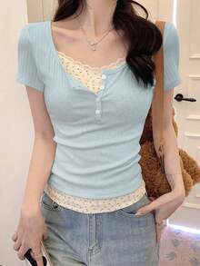 女士纯色纽扣半开襟短袖休闲T恤，夏季 - 藍色 - 查看 2