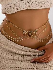 Cadena de cintura de múltiples capas con colgante de mariposa y margarita, accesorio elegante para mujeres - Dorado - Ver 8