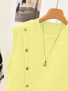 1 chiếc áo vest len ngắn không tay cổ tròn màu trơn, thiết kế cúc bất đối xứng, kiểu dáng thời trang, đa năng cho mùa hè. - Vàng nhạt - Xem 7