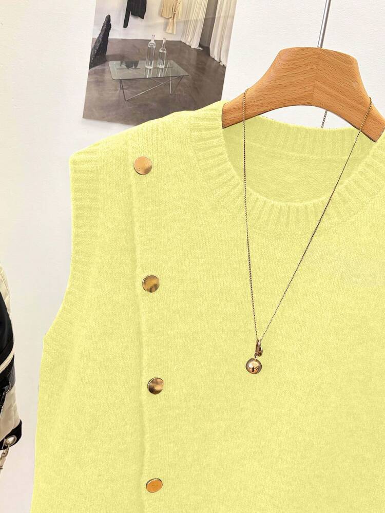 1 chiếc áo vest len ngắn không tay cổ tròn màu trơn, thiết kế cúc bất đối xứng, kiểu dáng thời trang, đa năng cho mùa hè. - Vàng nhạt - Xem 6