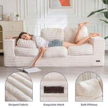 Sofá sin costuras de 3 plazas en caja, sofá moderno de piel sintética para la sala de estar, sofá de espuma de alta densidad suave y con cojines, esponjoso y de apoyo, sin necesidad de montaje, color blanco - Blanco - Ver 5