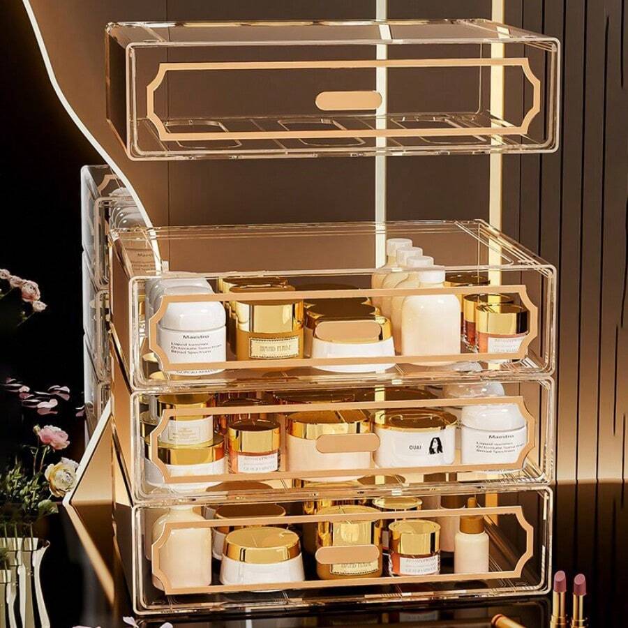 1pc 11-Inch Stackable Clear Acrylic Drawer Organizer Box, Jewelry Storage Box, Transparent Makeup Organizer With Handle, Multipurpose Storage Container For Bedroom, Cosmetic Cabinet, Art Piece Storage And Transport - Multicolor - View 1