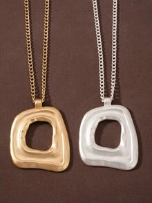 1件哑光金/银色不对称镂空方形吊坠项链，配粗绳链，18英寸+2英寸延长链，适合女性日常佩戴 - 金色 - 查看 1