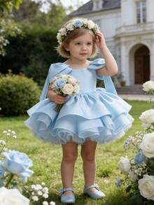 Baby Girl Cute Bow Off Shoulder Strap Tulle Princess Dress, Birthday Party, Christmas - Baby Blue - View 4
