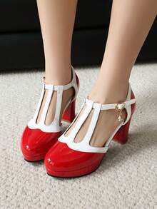 Tacones altos de plataforma con estilo Lolita para mujer, con hebilla de tobillo, cadena de perlas, volantes y lazo - Rojo - Ver 3