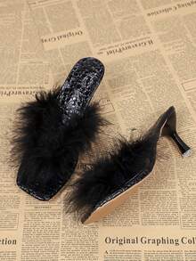 Fashionable Square Toe Fluffy Thong Crocodile Pattern Women High Heel Sandals, Comfortable Versatile Stiletto Summer Slip-On Ladies Sandals, Black Flip Flops - Black - View 3