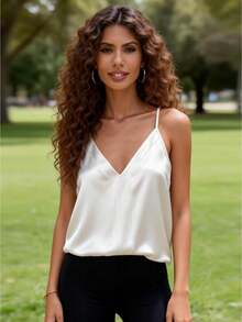 Women's Satin Cami Top V Neck Spaghetti Strap Loose Fit Sleeveless Tank Soft Lightweight Summer Blouse For Daily Party Vacation Blusa De Satín Mujer - 白色 - 查看 1