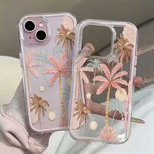 Funda de teléfono con estilo de resort, 1 pieza, transparente, minimalista, con patrón colorido de árbol de coco y marco rosa, a prueba de golpes y resistente a los arañazos, adecuada para iPhone 16 Pro Max, 17/16/15/14 Plus, 13/12/11, Air - Multicolor - Ver 3