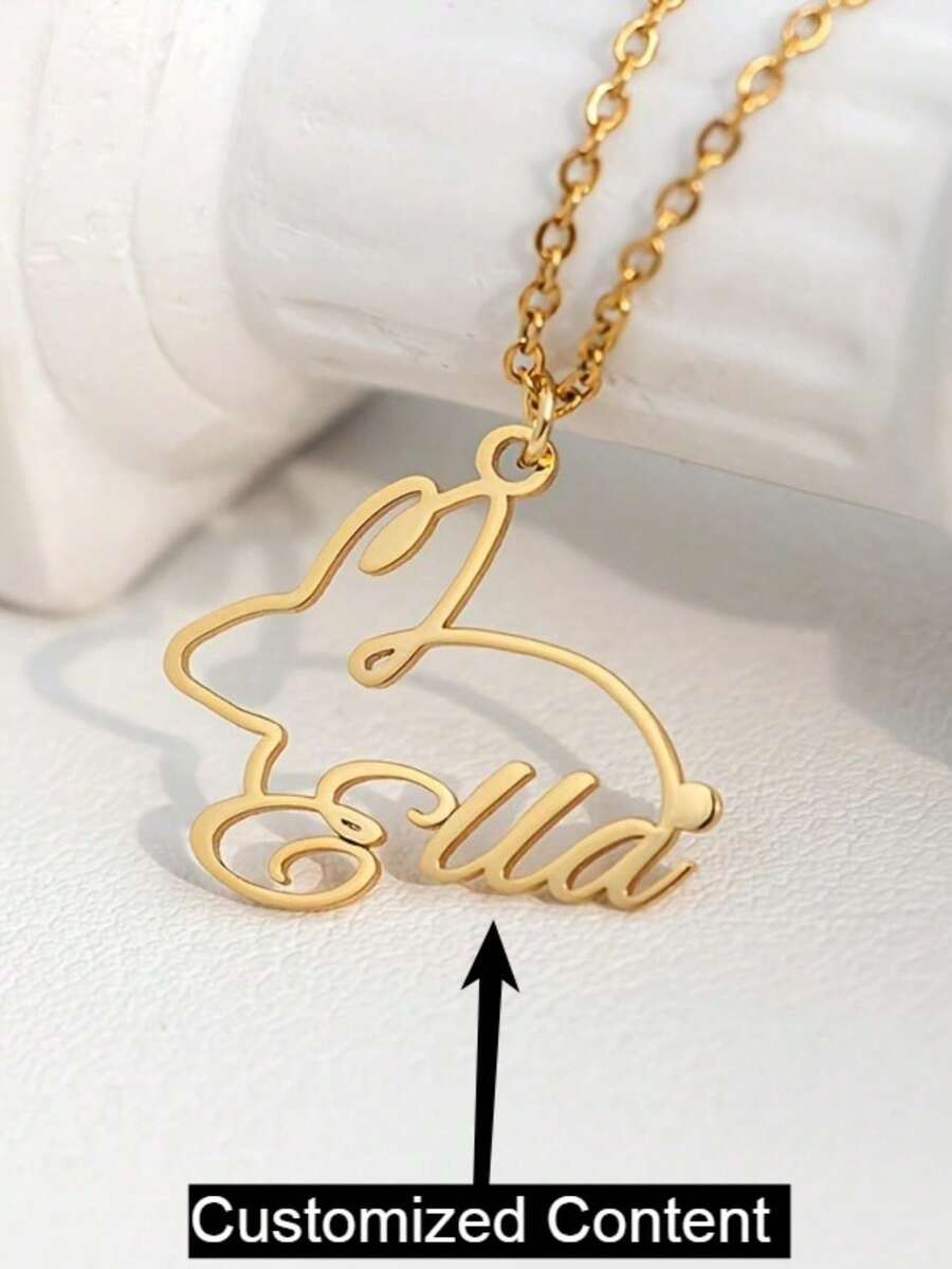 Collar de conejo de dibujos animados personalizado, collar con nombre en inglés personalizado, joyería de moda de acero inoxidable personalizada - Multicolor - Ver 1