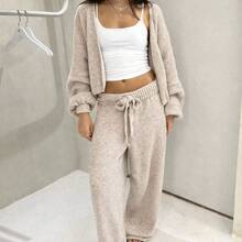 Soft Ribbed Knit Drop Shoulder Cardigan And Matching Long Trousers For Women, Comfortable And High Stretch Coordinate Set - Bege Mescla - View 2