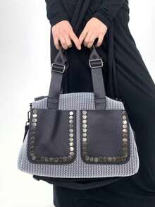 女士时尚Y2K网眼单肩包，大容量拼接铆钉复古斜挎包，多口袋都市街头风手提包，适合日常使用，是送礼佳品。新款女士手提包，女士礼物。 - 銀色 - 查看 5