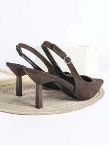 7厘米咖啡棕色绒面高跟鞋，尖头套脚派对婚礼正式场合鞋 - 棕色 - 查看 3