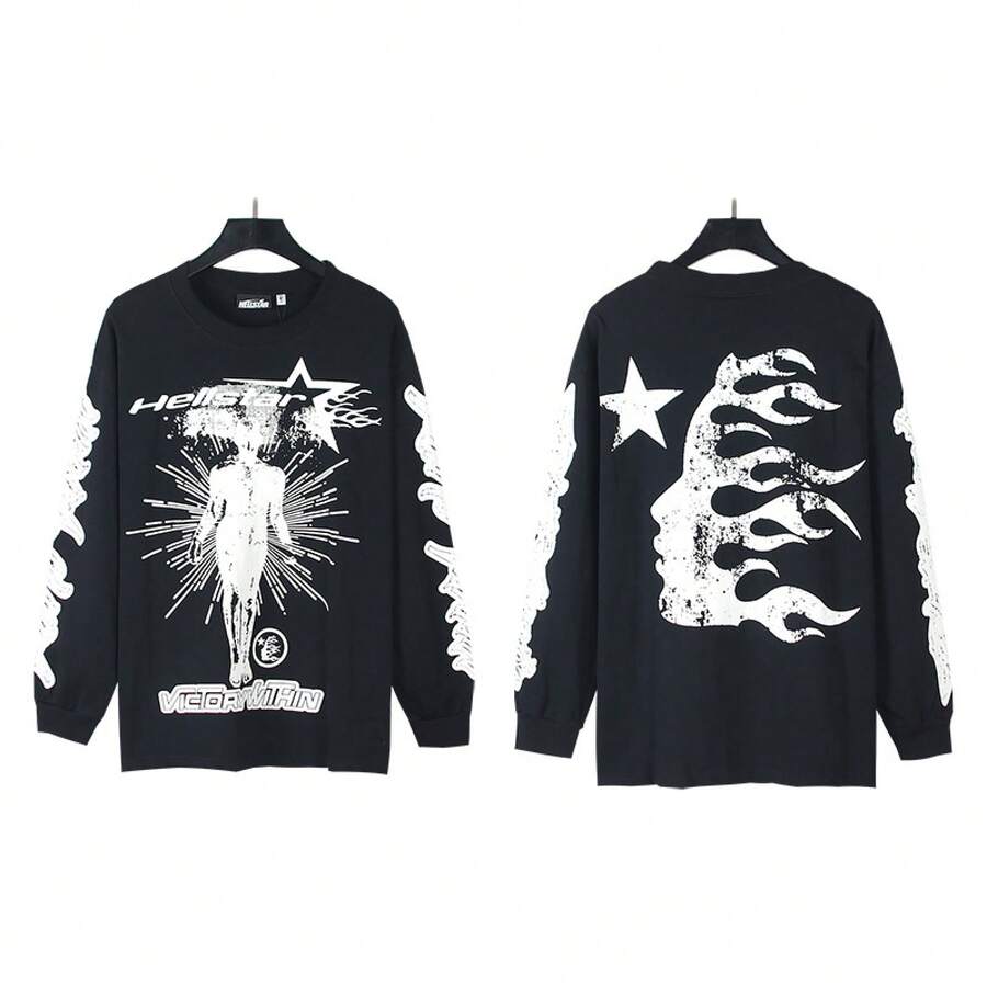 H-Star Relaxed-Fit Long-Sleeve T-Shirt, Streetwear Retro Sports Long-Sleeve T-Shirt,Sudaderas Para Hombre,Graphic T Shirts For Man And Woman - 560黑色 - 查看 1