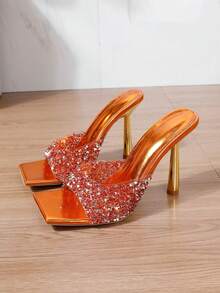 時尚高跟女士涼鞋，超亮閃鑽涼鞋 - 橘色 - 查看 13