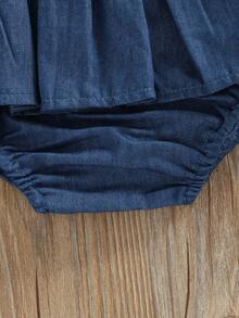 Pantalones cortos de mezclilla para niñas, con cintura elástica y plisados, skorts sólidos de verano para uso casual diario - dril - Ver 6