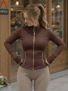 Women's Long Sleeve BBL Jacket With Pockets And Thumb Holes, Running Workout  Activewear Top - Espresso/Vàng - Xem 1