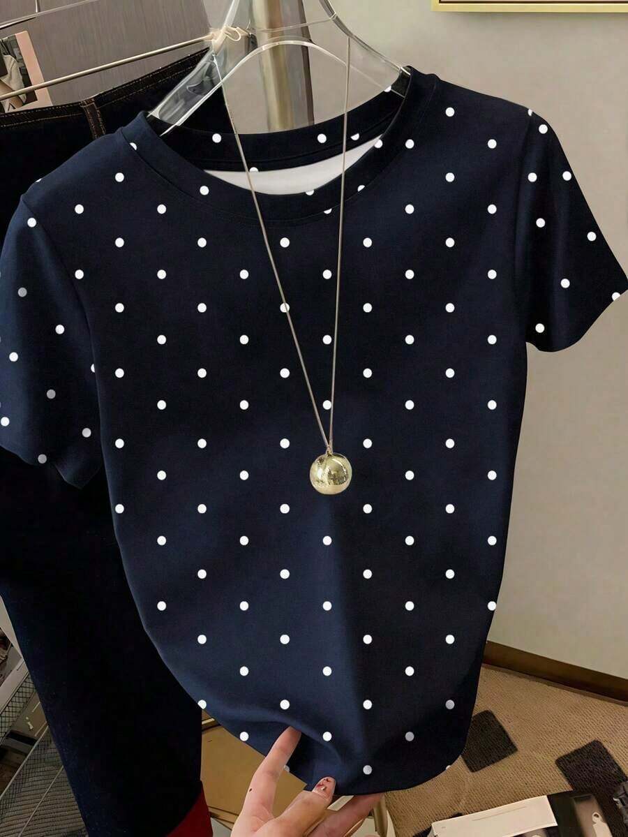 Camiseta de mujer con estampado completo de lunares sobre fondo azul marino, estilo lindo, adecuada para el verano, camiseta a la moda, camiseta hermosa, regalo para hermanos y hermanas, regalo para hermanas, regalo para mamá, regalo para el Día de la Madre, top casual a la moda. - Colores mixtos - Ver 1