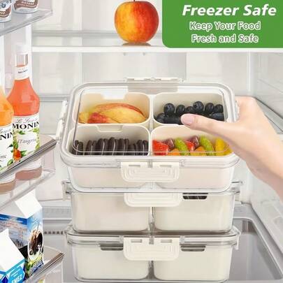 1pc Portable Snack Tray - Transparent, 4-Compartment Design With Leak-Proof Lid And Handle - Space-Saving Storage Box, Suitable For RV, Kitchen, Picnic, Party, Travel - RV And Home Countertop, Dishwasher , Kitchen Food Storage Container, Refrigerator Organizer, Refrigerator Organizer Set