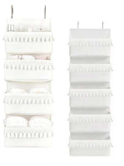 门后收纳架，波西米亚风，婴儿房储物装饰，衣橱悬挂式收纳架，带流苏装饰，适用于卧室、婴儿房、浴室、公寓、宿舍、食品储藏室，4/5口袋，白色