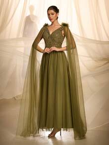 VIPGIRL Elegante y lujoso vestido de noche verde oliva con cuentas - Escote en V profundo y mangas desmontables de tul | Ideal para galas, eventos de etiqueta negra y ocasiones formales de alto nivel Fiesta de boda - Verde - Ver 6