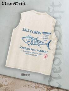NeonDrift Double-Sided Printing  Men's Tank Top 100% Cotton Heavyweight Vintage Distressed Washed Sleeveless T-Shirt, 100% Cotton, Soft & Skin-Friendly, Streetwear Style-Salty Crew Fish Market Sleeveless Tank Top With Blue Tuna Graphic And Tokyo Address Print Casual Summer Wear For Men Streetwear Style Urban Outfit Outdoor Activities Fishing Enthusiasts - 杏色 - 查看 3