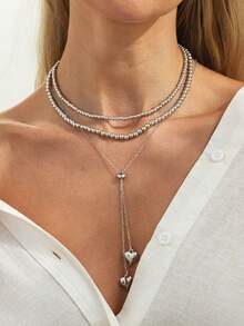 Bộ 3 món dây chuyền mặt dây chuyền hình trái tim đính ngọc trai giả CCB hình học thanh lịch, có tua rua, trang sức sang trọng cho đám cưới, tiệc tùng, kỳ nghỉ, thường ngày, phong cách đường phố, quà tặng cho phụ nữ và các cặp đôi. - vòng cổ - Xem 4