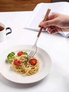 3pcs Faux Wooden Handle Knife, Fork And Spoon Set, Stainless Steel Steak Cutlery Flatware Set, Japanese Style - Brown - View 5