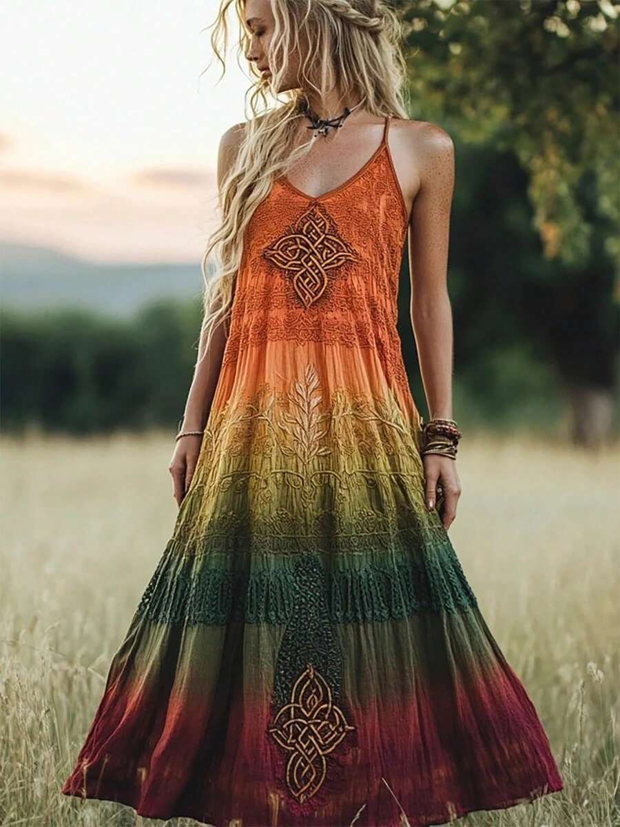 Women's Bohemian Plus Size V-Neck Sleeveless Long Dress With Ombre Tiers And Intricate Embroidery, Vintage Boho Casual Flared Maxi Dress - 彩色 - 查看 1