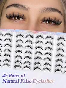 42 Pairs Mixed Style Natural Crossover False Eyelashes, Handmade Lengthened Thick Curly Eyelashes Artificial 3D Fuax Mink Eyelashes D Curvature Makeup Tools Hot Sellers For Daily Life,Gift For Women - 黑色 - 查看 2