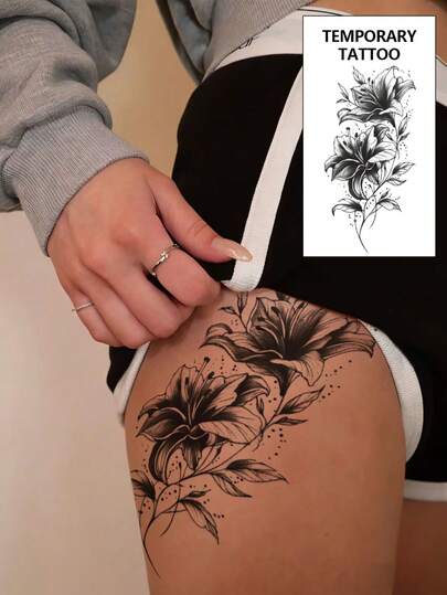 1 pieza Tatuaje temporal de moda y fresco, tatuaje de pareja, tatuaje falso negro, tatuaje de un solo uso, diseño de flores y trompeta, impermeable y no reflectante, fácil de aplicar y retirar, muy realista, adecuado para hombres o mujeres en la pierna, pie, pecho, muslo, brazo, cintura, abdomen, suministros para fiestas de festivales de música