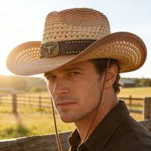 Western Style Gradient Straw Hat With Rivet Leather Belt, Beach Vacation & Outdoor Riding Sun Hat - Straw Hat - View 1