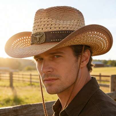 西部风格渐变草帽，配铆钉皮带，适合海滩度假和户外骑行遮阳帽