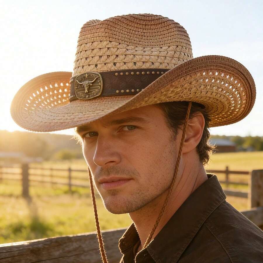 Western Style Gradient Straw Hat With Rivet Leather Belt, Beach Vacation & Outdoor Riding Sun Hat - Straw Hat - View 1