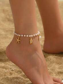 1件法式优雅不锈钢海洋元素仿珍珠串珠贝壳和海星可调节脚链 - 彩色 - 查看 5