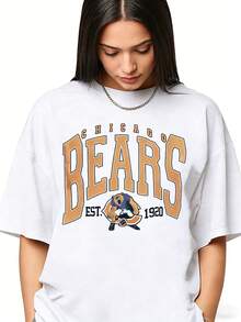 Vintage Chicago Sweatshirt Vintage Bears Unisex Shirt, American Bootleg, Oversized Short Sleeve Classic Heavy Cotton Shirt Printed Graphic Tee Women's Casual Short-Sleeved TopSports Short Sleeves - 白色 - 查看 5