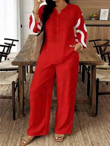 Plus Size Notched Neck Three Quarter Sleeve Top & Wide Leg Pants Two Piece Set For Women, Red Abstract Geometric Print, Loose Breathable Outfit, Comfortable Versatile For Spring Summer Travel & Home Wear - 彩色 - 查看 4