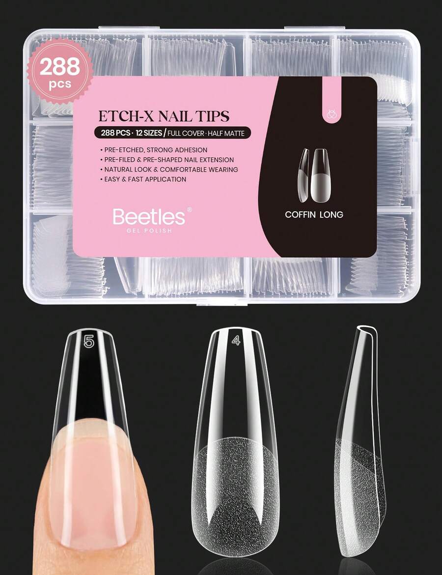 Beetles Soft Gel Nail Tips Short Almond 288pcs In 12 Sizes, Etch-X Pre-Etched Full Cover Acrylic Fake Nails Art - Coffin Long 288pcs (Etch X Nail Tips) - View 1