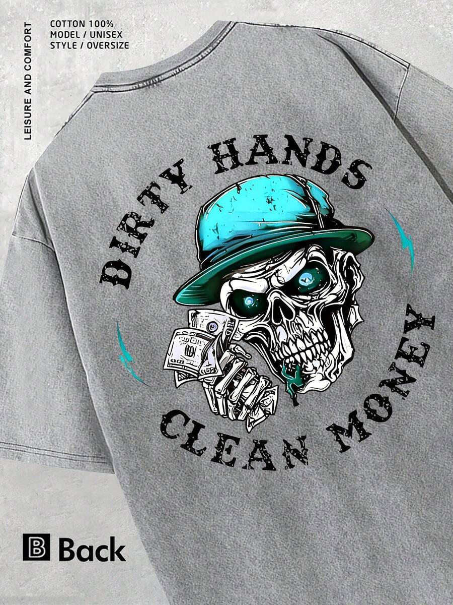 Summer Outfits "Clean Hands, Clean Money" Men's Vintage Street Style Printed T-Shirt, Featuring A Skull Design Holding Money Notes, Casual Round Neck, Short Sleeves, 230g Washed Cotton, Loose Fit, Machine Washable, Suitable For Outdoor And Street Wear. Vacation Outfits Women Button Up Vacation Outfits Men Manfinity FGK3 - 灰色的 - 查看 1