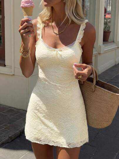 Elegant Fashion Ruffle Strap Bow Lace Patchwork Sleeveless Fitted Mini Dress, Women Dress, Vacation Outfit Party Summer