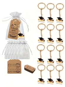 15pcs/Set Graduation Commemorative Keychain Set, Featuring Graduation Cap Design Elements Including Keychain, Mesh Bag And Card. Suitable For Graduation Ceremony, Theme Party And Graduation Party Gifts, Perfect Graduation Gift. - One Size Fits All - View 1