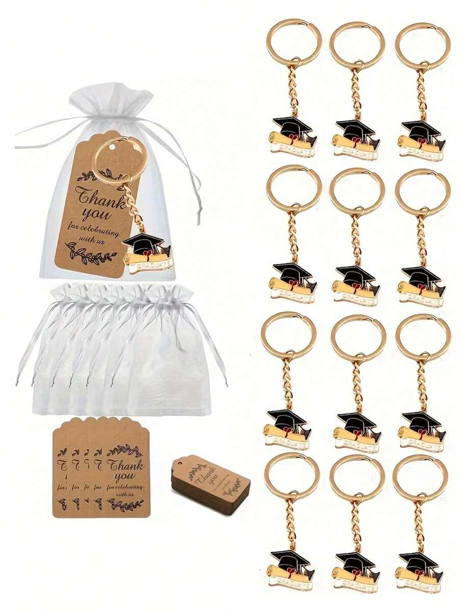 15pcs/Set Graduation Commemorative Keychain Set, Featuring Graduation Cap Design Elements Including Keychain, Mesh Bag And Card. Suitable For Graduation Ceremony, Theme Party And Graduation Party Gifts, Perfect Graduation Gift. - One Size Fits All - View 1
