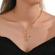 1pc Gold-Plated Crown Jesus Cross Pendant Necklace, Figaro Chain Unisex Catholic Religious Jewelry, Suitable For Church, Baptism And Confirmation - Gold - View 1